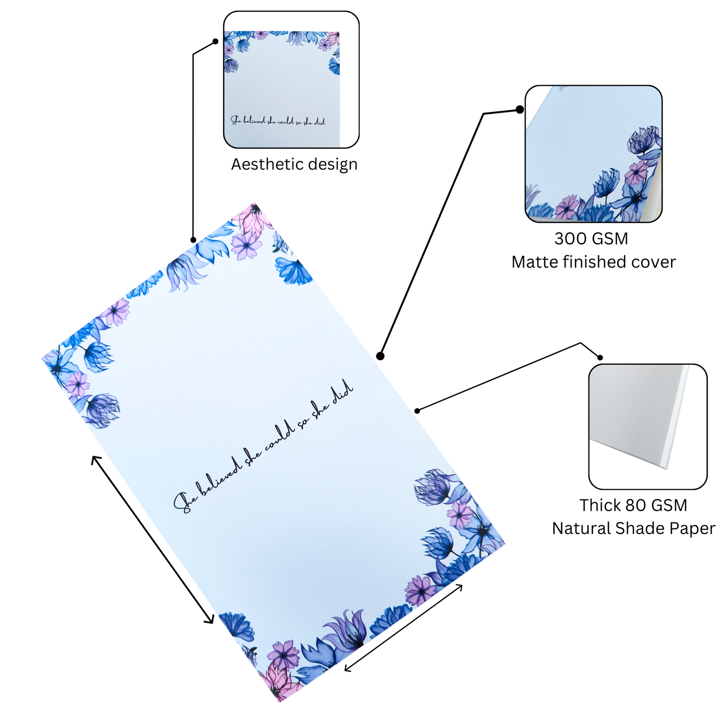 Enlightink A5 Handy Cute Unruled, Plain, Floral notebooks for everyone Set of 4 for doodling, Writing Notebooks - Matte Finished - Journal Diary