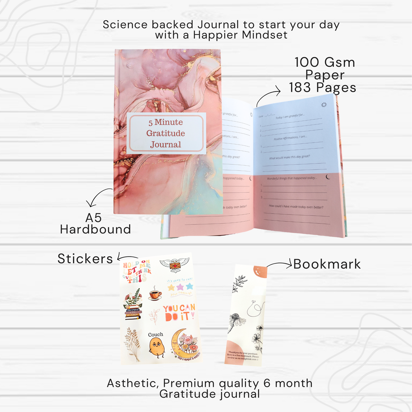 5 Minute Gratitude Journal - Self Help Personality Development Book - Rose Quartz