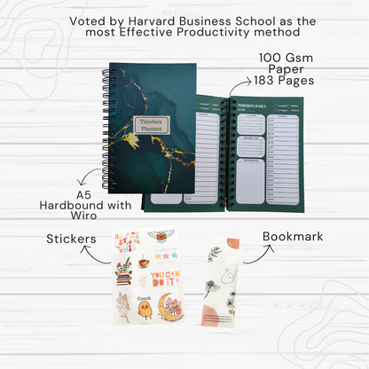 Timebox Planner Green Marble, Productivity, Daily Planner for 6 Months, Timeboxing, A5 Size, Wiro, Hardcover, 100 GSM Paper