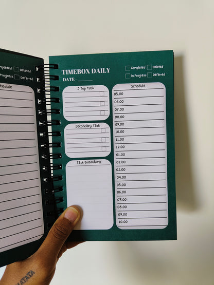 Timebox Planner Green Marble, Productivity, Daily Planner for 6 Months, Timeboxing, A5 Size, Wiro, Hardcover, 100 GSM Paper